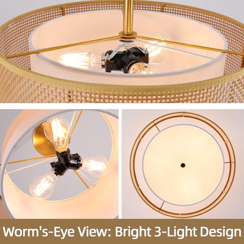 17.7" Gold Bohemian Wicker Flush Mount Ceiling Light, Hand-Woven Double Layer Drum Semi-Flush Fixture for Bedroom, Living Room, Dining Room, Hallway & Kitchen - color: 17.7'' Rattan&Fabric Gold