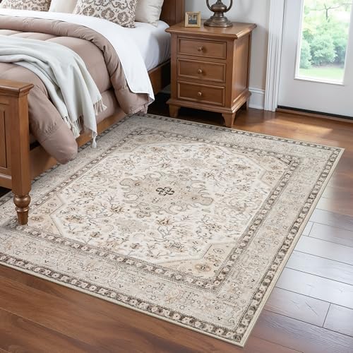 5x5 Rug Square Washable for Entry: Oriental Rugs for Living Room- Ultra Thin Low Pile Stain Resistant Carpet - Home Decor for Vintage Style Lover - 5' Square Ivory - color: Ivory, size: 5' x 5' (Square)