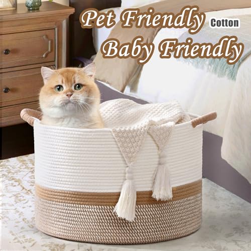 45L Blanket Basket, 17.5"x11.5" Woven Storage Baskets With Handle, Cotton Rope Blanket Basket Living Room, Baby Laundry Basket for Blanket, Nursery, Toy, Pillow (White & Brown) - color: White & Brown, size: 45L