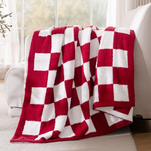Exclusivo Mezcla Checkered Knit Throw Blanket, Ultra Soft and Warm Reversible Woven Blankets, Cozy Snuggly Throw for Couch Bed and Home Decor, Red, 50"x60" - color: Red, size: Throw (50"x60")