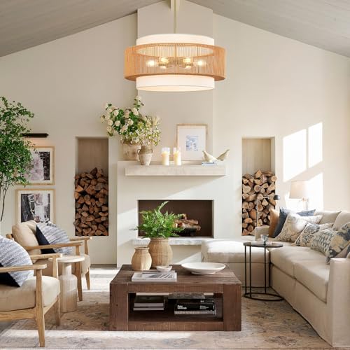 25.6" Rattan Chandelier, 6-Light Large Rattan Pendant Light with Fabric Lampshade, Farmhouse Boho Light Fixture Ceiling Hanging for Dining Room, Living Room, Bedroom, Kitchen Island, Hallway, Foyer - size: 25.6" Straight weaving