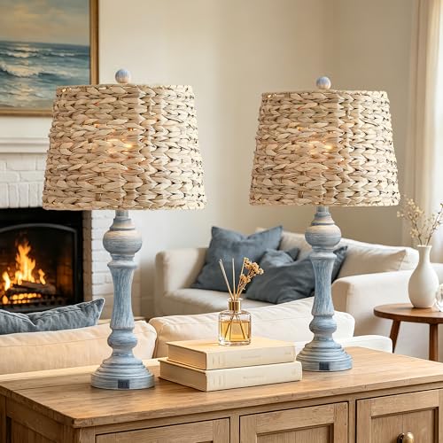 Maxax 26" Boho Rattan Table Lamps Set of 2 with USB A+C Ports, Coastal Bedside Lamps with Rattan Shade, Distressed Antique Blue Farmhouse Wicker Lamps, Rustic Resin Nightstand Lamps for Living Room - color: Antique Blue