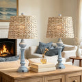 Maxax 26" Boho Rattan Table Lamps Set of 2 with USB A+C Ports, Coastal Bedside Lamps with Rattan Shade, Distressed Antique Blue Farmhouse Wicker Lamps, Rustic Resin Nightstand Lamps for Living Room - color: Antique Blue