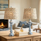 Maxax 26" Boho Rattan Table Lamps Set of 2 with USB A+C Ports, Coastal Bedside Lamps with Rattan Shade, Distressed Antique Blue Farmhouse Wicker Lamps, Rustic Resin Nightstand Lamps for Living Room - color: Antique Blue