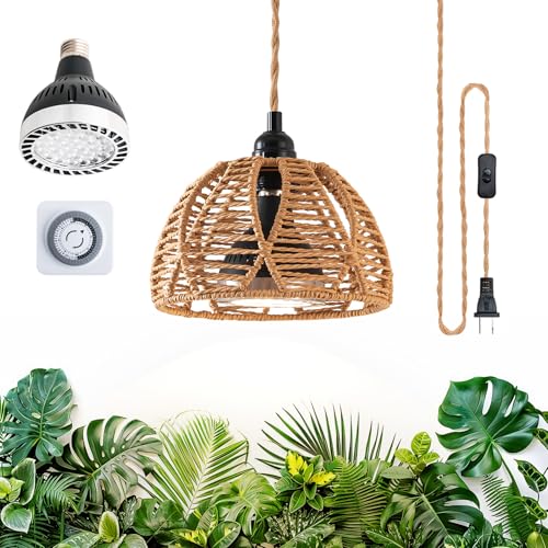 Hanging Grow Light, 30W LED Lamp with Timer for Indoor Plants | 4000K LED plant lamp with 15 ft cord, outlet timer, and boho paper rope shade for succulents, herbs, and low-light rooms. - color: Cage