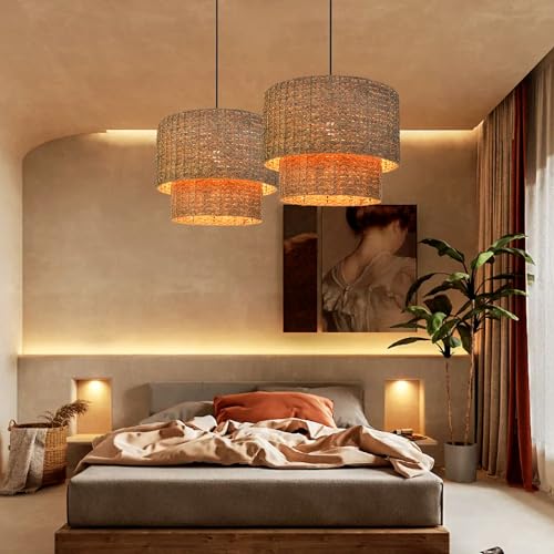 Arturesthome 1 Light Rustic Woven Pendant Light, Coastal Rattan Lampshade Hanging Lighting Fixture,Adjustable Vintage Farmhouse Chandelier Lamp Shade for Kitchen Island Dining Table Room - size: 19.68in * 15.7in