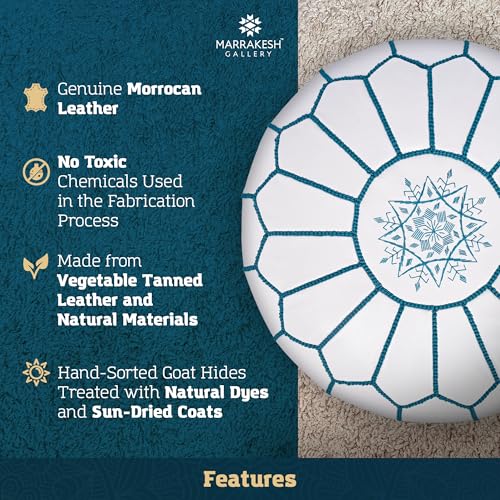 Marrakesh Gallery Genuine Leather Round Pouf Unstuffed - Moroccan Ottoman Footstool, Footrest Cover - Boho Decor - Bohemian Living Room, Bedroom, Kids Room, Gift & Wedding - color: White By Turquoise