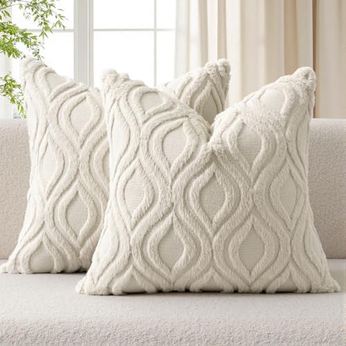 MIULEE Beige Throw Pillow Covers 18x18 Inch, Neutral Soft Plush Faux Wool Solid Couch Pillows Set of 2, Decorative Farmhouse Boho Cushion Covers for Sofa Living Room Bed Home Decor - color: Beige, size: 18" x 18" (Pack of 2)