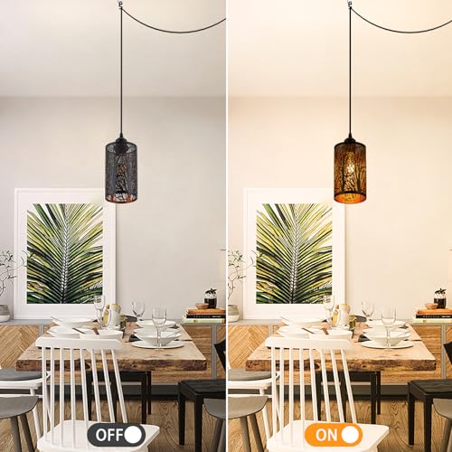 Industrial Black Plug in Pendant Light Vintage Mini Black Gold Hanging Lighting Rustic Hollow-Carved Cylinder Plug-in Pendant Light for Kitchen Island, Bedroom, Dining Room, Hallway - color: Black & Gold Plug-in