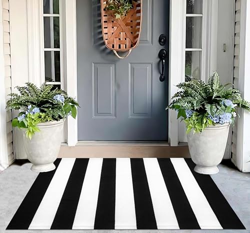 Washable Proch Rug Soft Entryway Rug 2.3'X3.6', Cotton Woven Bathroom Rugs Front Porch Decor Black and White Area Rug Outdoor Rug - color: Black White, size: 2'4" x 3'7" (Rectangular)