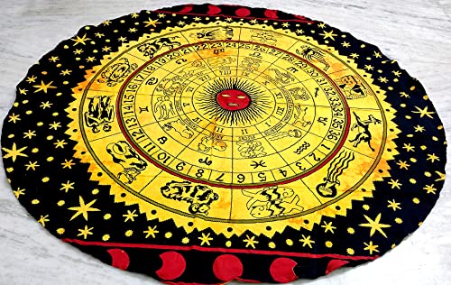 Round Beach Tapestry Mandala Boho Hippie Blanket Indian Cotton Bohemian Large Table Cloth Home Decor Yoga Mat Meditation Picnic Rug Throw Hippy Gypsy Tablecloth Roundie 42 Inches Yellow ZODIAC - color: Yellow Black, size: 42"L x 42"W