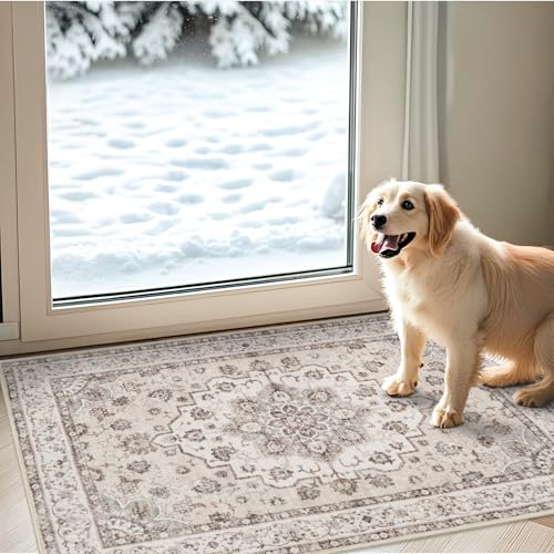 Washable 2x3 Entryway Area Rug: Vintage Non-Slip Backing Rugs for Kitchen Bathroom Water Resistant Carpet for Bedroom Soft Low Pile Front Door Mat for Dining Room 2x3 Cream/Beige - color: Cream Beige, size: 2' x 3' (Rectangular)