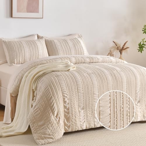 DHSFKBE Beige Tufted Comforter Set King Size 7 Piece Bed in a Bag，Shabby Chic Boho Bedding for Bedroom Comforter，All Season Soft Microfiber Ruffle Comforter Set with Pillow and Sheets - color: Beige, size: King