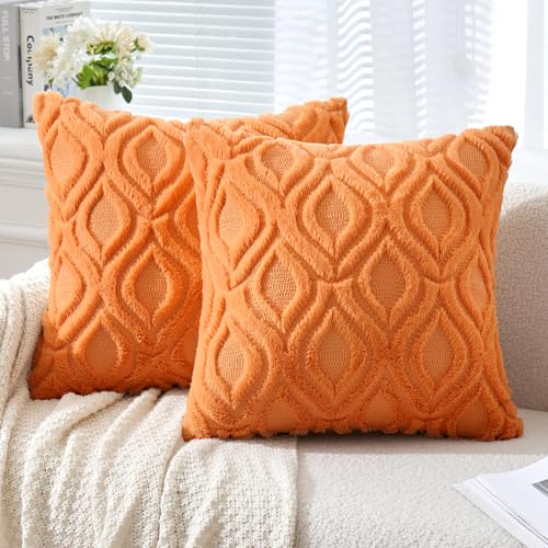 MIULEE Bright Orange Fall Throw Pillow Covers 18x18 Inch, Soft Plush Faux Wool Solid Couch Pillows Set of 2, Decorative Farmhouse Boho Cushion Covers for Sofa Living Room Bed Home Decor - color: Bright Orange, size: 18" x 18" (Pack of 2)