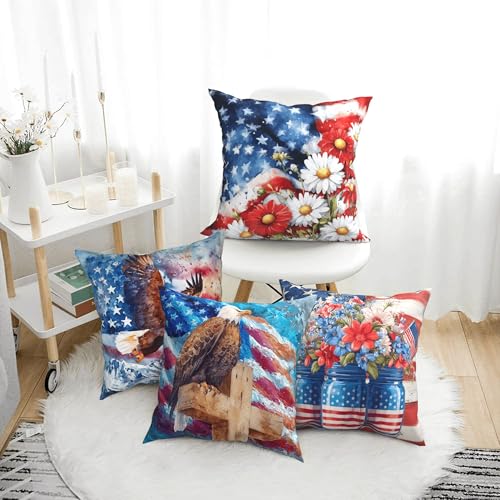 4th of July Flower Throw Pillow Covers 18 X 18 Inch Set of 4 Decorative Cushion Cover Home Decor for Sofa Chair Couch Bedroom Living Room - color: 4th of July Flower