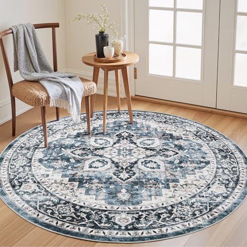 AMADA HOMEFURNISHING Round 5ft Area Rugs, Low-Profile Washable Rug with Non-Slip Backing & Durable Edge Binding, Vintage Rugs for Living Room, Bedroom, Dinning Room - color: Blue, size: 5' (Round)