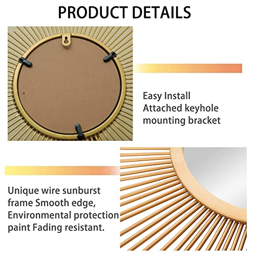 24'' Gold Sunburst Wall Mirror Boho Home Decor Mordern Round Hanging Wall Art for Living Room/Bedroom/Bathroom/Entryway