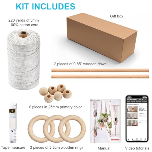 Hdviai Macrame Plant Hanger Kit, 3mm x 220Yards Cord for Adult Beginners DIY Macrame Wall Hanging Kit, with 2Pcs Wooden Dowels + Beginner's Manual + Soft Ruler+ Five Wooden Beads - size: 3MM x 220Yards Kit