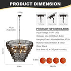 39.4" Large Rattan Chandelier, 15-Light Black Boho Woven Wicker Chandeliers, 7-Tier Rustic Farmhouse Drum Light Fixture for Dining Room, Kitchen, Living Room, Entryway, E12 - color: Black 39IN