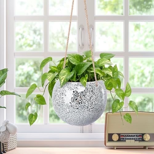 Hanging Planter Mosaic Garden Pot Small Flower Pot for Indoor Plant Disco Ball Hanging Planter with Drainage Sliver - color: Silver