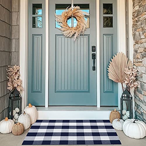 MUBIN Cotton Buffalo Plaid Rug, 27.5x43 Navy Blue White Outdoor Rug Front Door Decorative Mat, Washable Doormat Foldable Area Rug Layered Door Mats Rug for Front Porch, Entryway, Patio - color: Navy Blue White Plaid, size: 2'3" x 3'7" (Rectangular)