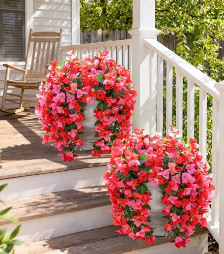 Faux Bougainvillea Artificial Flowers Plants for Outdoors Outside Decoration, 2 pcs Fake Flowers Realistic UV Resistant Silk Long Trailing Vines for Front Door Porch Planter Urn Patio Balcony Yard,Mix - color: Red + Hot-pink