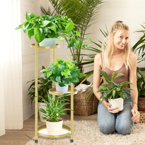 3 Tier Plant Stand Indoor Tall, Black Corner Tiered Round Plant Stand for Indoor Multiple Plants, Metal Flower Pot Stands Outdoor Holders Plant Shelf Display Rack for Balcony Living Room (3 Tier-Golden) - color: 3 Tier-Golden