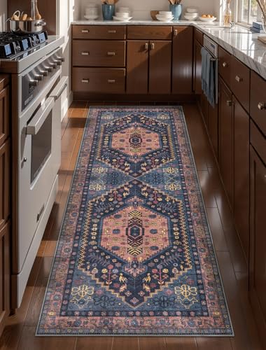 Ciicool 2x5ft Runner Rug, Hallway Wahshable Rugs Vintage Kitchen Carpet for Entrance Bedroom Bedside Living Room Kitchen Laundry Bathroom Decor - color: Navy/Multi, size: 2' x 5' (Runner)