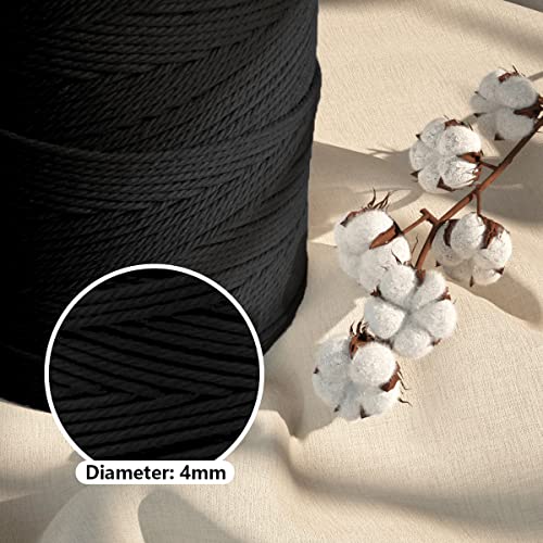 Macrame Cotton Cord 4mm x 547yds, ZUEXT Natural Handmade Black Braided Cords 4 Strands Knitted Rope String for Craft Wall Hanging Weaving Tapestry Dream Catchers Hanger DIY Gift (500m) - color: Black, style: 4mm x 500m