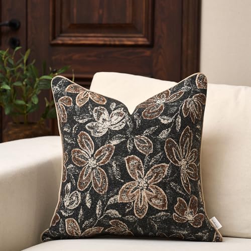 Yangest Flower Pillow Cover 20 x 20 Inches, Nature Chenille Square Throw Pillow Cover Soft Luxury Neutral Accent Couch Pillow Cover for Living Room Bedroom, Black - color: Black, size: 20" x 20" (Pack of 1)