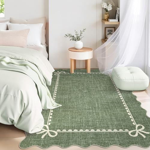 GarveeHome Scalloped Bow Rug for Living Room, Solid Green Rug for Dorm, Washable Rugs 3x5 Soft Low Pile Non Slip Scalloped Rugs for Nursery College Bedroom Decor Kids Room Playroom - color: Green, size: 3' x 5' (Rectangular)