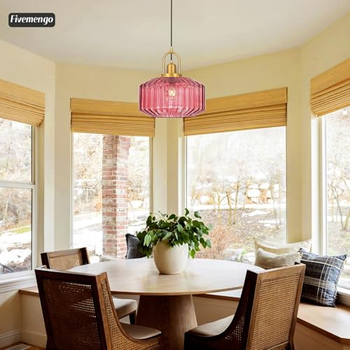 11.8in Mid Century Modern Pendant Light Gold Large Wine Red Glass | Vintage Lighting Fixture Ceiling Hanging Lamp for Kitchen Island Foyer Dining Room Bedroom Entryway Hallway Over Sink Table - color: Wine Red & Gold Hardwire, size: 11.8in