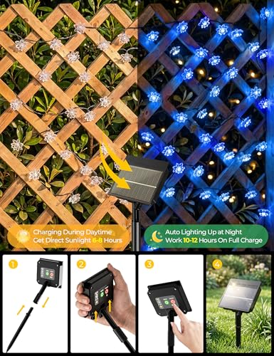Brightown 50 LED Blue Flower Solar String Lights for Outside, 23FT Solar Christmas Lights Outdoor with 8 Modes, Fairy Lights Decorative for Yard Garden Fence Porch Tree Party Wedding - color: Blue, size: 1 Pack