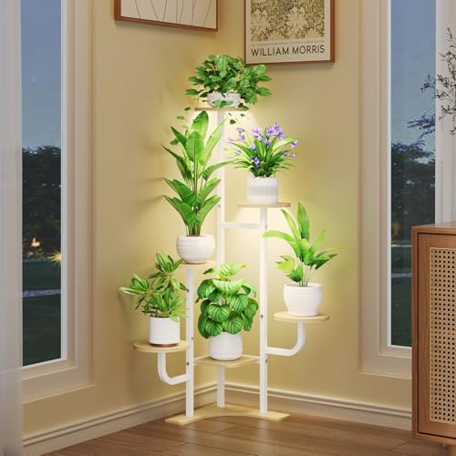 Homsorout Corner Plant Stand with Grow Light - 6 Tier Plant Stand Indoor Round Metal Plant Shelf with Adjustable Light, Plant Organizer for Living Room, Graden, Home Decor (Maple) - color: Maple & Round