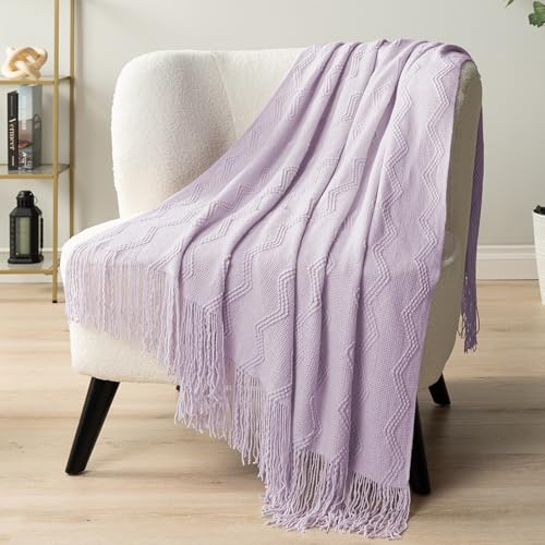 PAVILIA Lavender Purple Knit Throw Blanket for Couch Bed, Soft Knitted Farmhouse Sofa Throw for Living Room, Lightweight Decorative Summer Throw Blanket for Chair, Outdoor Textured Boho Blanket, 50x60 - color: Lavender Purple, size: 50 X 60 Inches - Throw
