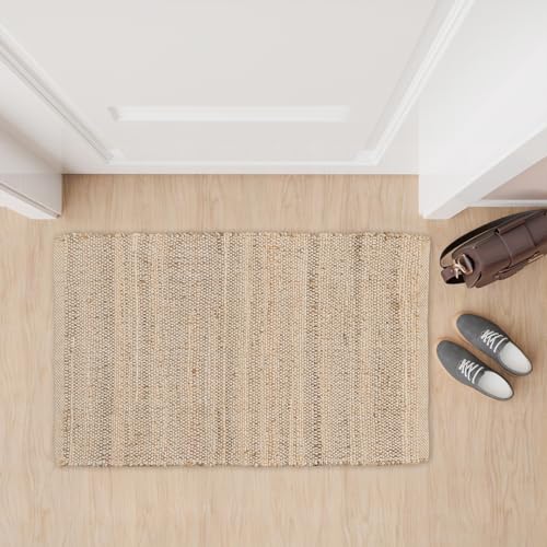 HOMEMONDE Jute Cotton Door Mat Hand Woven Rug 2 x 3 ft - Rectangle Natural Fiber Farmhouse Style Braided Rug for Entryway, Bedroom, Living Room, Hallway - color: Natural Jute, size: 2' x 3' (Rectangular)