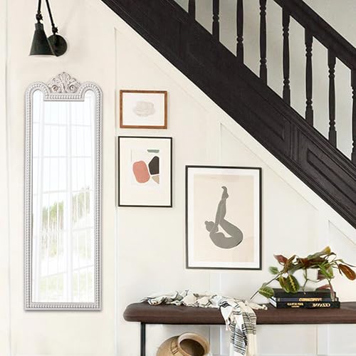 Vintage Long Wall Mirror Decorative 12 X 38 Inch, Hanging Distressed White Farmhouse Entryway Mirror with Beaded Detailing, Handmade Rectangle Wooden Boho Mirrors for Living Room Hallway