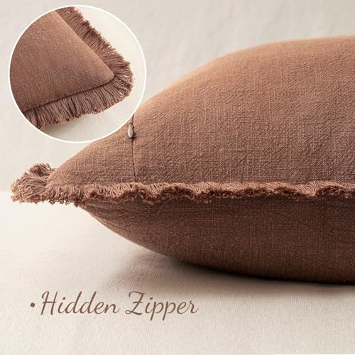 MIULEE Decorative Throw Pillow Covers Neutral Linen Fringe Throw Pillows Set of 2 Brick Boho Farmhouse Cushion Covers with Tassels for Couch Sofa Bed Living Room Spring Home Decor 18x18 Inch - color: Brick, size: 18" x 18" (Pack of 2)
