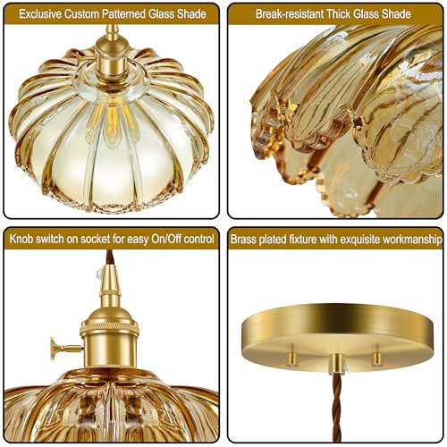 Hardwired Pendant Light Fixture, Hanging Light Fixture, Glass Shade Pendant Light with Rotary Switch, Modern Lamp for Kitchen Island, Bedroom, Dining Room, Living Room (Amber, 6 Ft Cord) - color: Amber, size: 6 ft