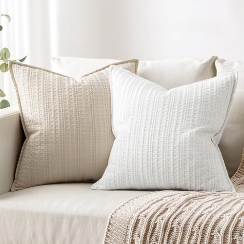 Set of 2 Decorative 100% Cotton Waffle Throw Pillow Covers 20x20, Neutral Euro Shams Weave European Cushion Cases for Couch Sofa Bed Modern Farmhouse Home Decor, Oatmeal - color: Oatmeal, size: 20" x 20" (Pack of 2)