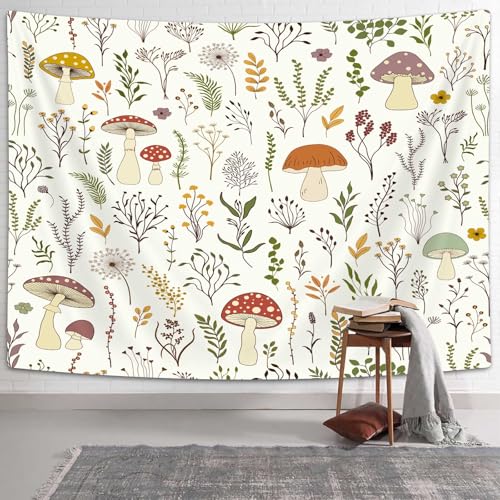 DYNH Mushroom Tapestry, Boho Floral Botanical Green Leaves Wall Hanging,Retro Flowers Country Farm Aesthetic Cottagecore Tapestries for Bedroom Living Room Dorm TV Backdrop,48X36Inches - color: Beige, size: 48"L x 36"W