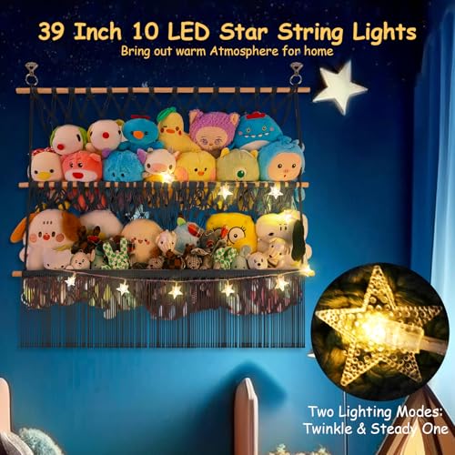 2 Tier Stuffed Animal Storage Shelf Net, 35x30'' Large Plushie Net w/ 2.4/1'' Dense Mesh for Mini Medium Stuffy Teddy, Black Boho Macrame Toy Holder Display w/ Lights&Clips for Nursery Kid Girl Boy - color: Black, size: Large-2 Tier-35x30 Inch
