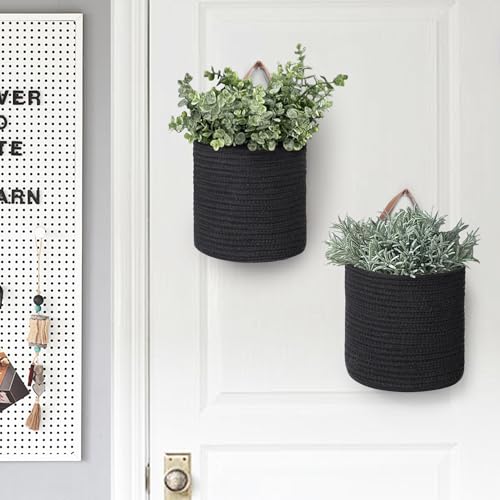 MEGASKET 2 Pack Hanging Basket, Small Wall Baskets for Organizing, Wicker Boho Wall Decor Set, Indoor Hanging Plant Holder, Rattan Woven Storage Bin for Home Decor, Farmhouse Storage Box, Black - color: Black