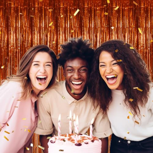 DECOCKRAT 2 Pack Foil Fringe Backdrop - Bronze Shiny Tinsel Curtains for Party Decoration/Photo Booth Props - 3.3x6.6 FT Metallic Foil Backdrop for Birthday, Wedding, Graduation, Christmas. - color: Bronze