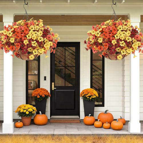 Geegoods 2 Set Artificial Hanging Basket Fall Flowers for Outdoor, Fake Faux UV Resistant Look Real Mixed Mums Plants for Autumn Porch Patio Balcony Yard Home Decor - color: Mix 3 Colors-2packs, size: 2 Packs