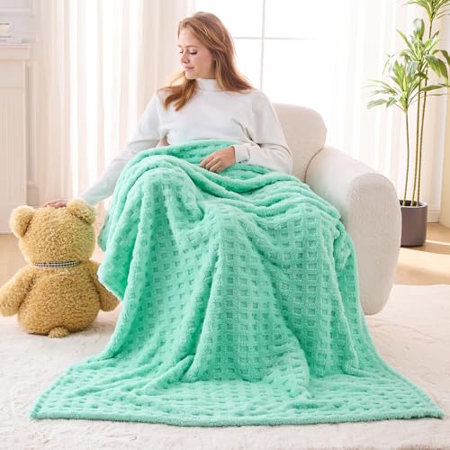 NEWCOSPLAY Super Soft Twin Blanket Aqua Premium Silky Flannel Fleece 3D Waffle Checkered Lightweight Bed Blanket All Season Use (Aqua, Twin(60"x80")) - color: Aqua, size: Twin(60"x80")