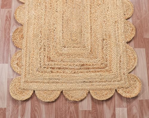 Hand Woven Natural Jute Scalloped Rug, Reversible Boho Entry Area Rugs for Kitchen, Living Room, Farmhouse Indoor Outdoor Decorative Floor-Rug, Bohemian Style Size 2x6 Ft - size: 3' x 5'