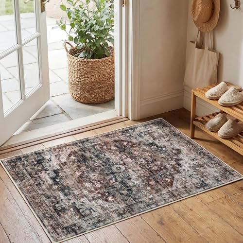 GarveeHome Washable Area Rug 2x3 Entryway Rug Vintage Distressed Small Rugs Floral Doormat Non Slip Low Pile Throw Carpet for Bedroom Kitchen Laundry Brown - color: Brown, size: 2' x 3' (Rectangular)