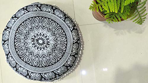 24" Black white Elephant Flower Mandala Barmeri Large Floor Pillow Cover Cushion Meditation Seating Ottoman Throw Cover Hippie Decorative Zipped Bohemian Pouf Ottoman Pom Pom Cases 24 " round - color: Black and White, style: 24 Inch Round