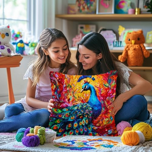 Colorful Peacock DIY Latch Hook Pillow Kits for Adults Printed Pillowcase Crochet Yarns Hooking Handmade Pillow Cover Cushion for Home Sofa Decoration 17x17inch - color: 09-Peacock